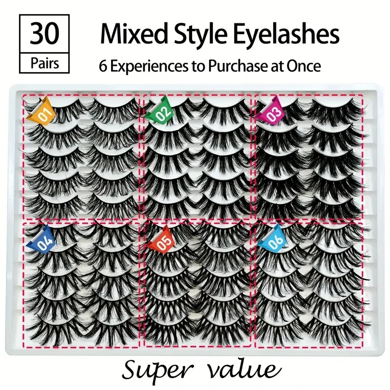 手作りふわふわ2cm厚つけまつげ - 30ペア、フルつけまつげ、6種類のミックススタイル