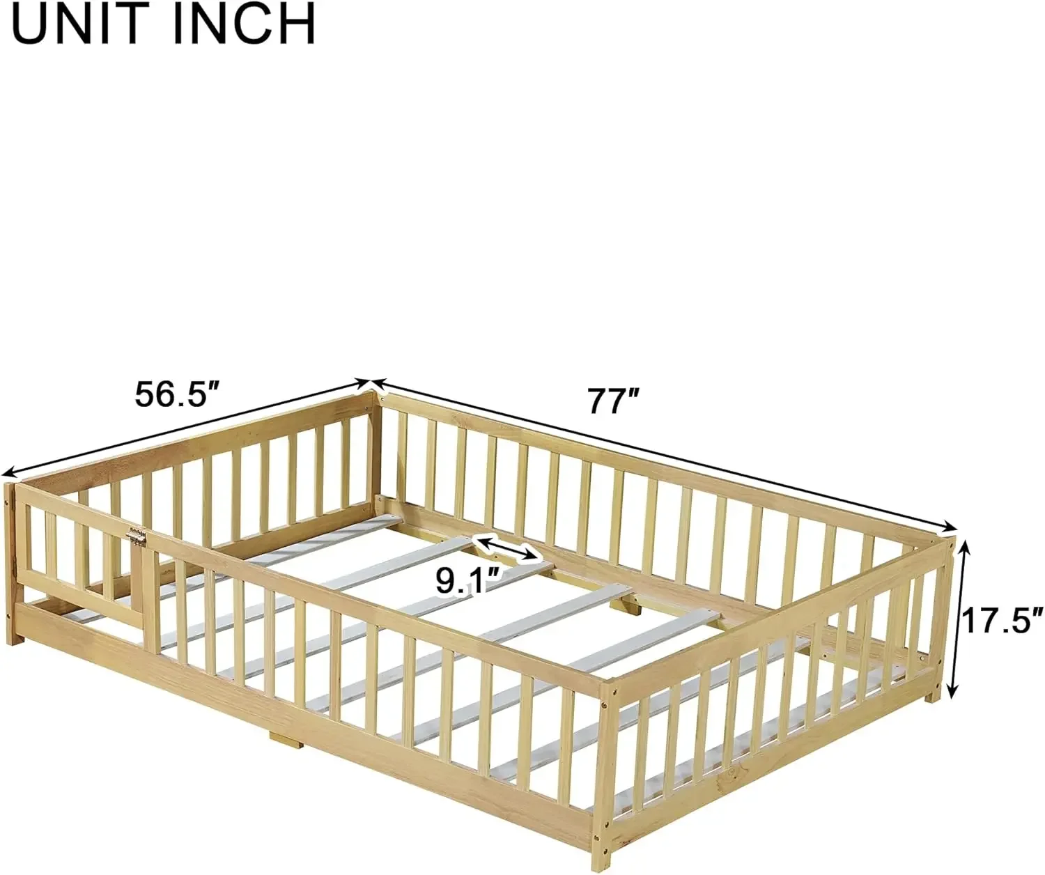 سرير أرضي كامل الحجم مع شرائح وسياج، سرير أرضية مونتيسوري مع باب ودرابزين أمان، سرير مونتيسوري بالحجم الكامل