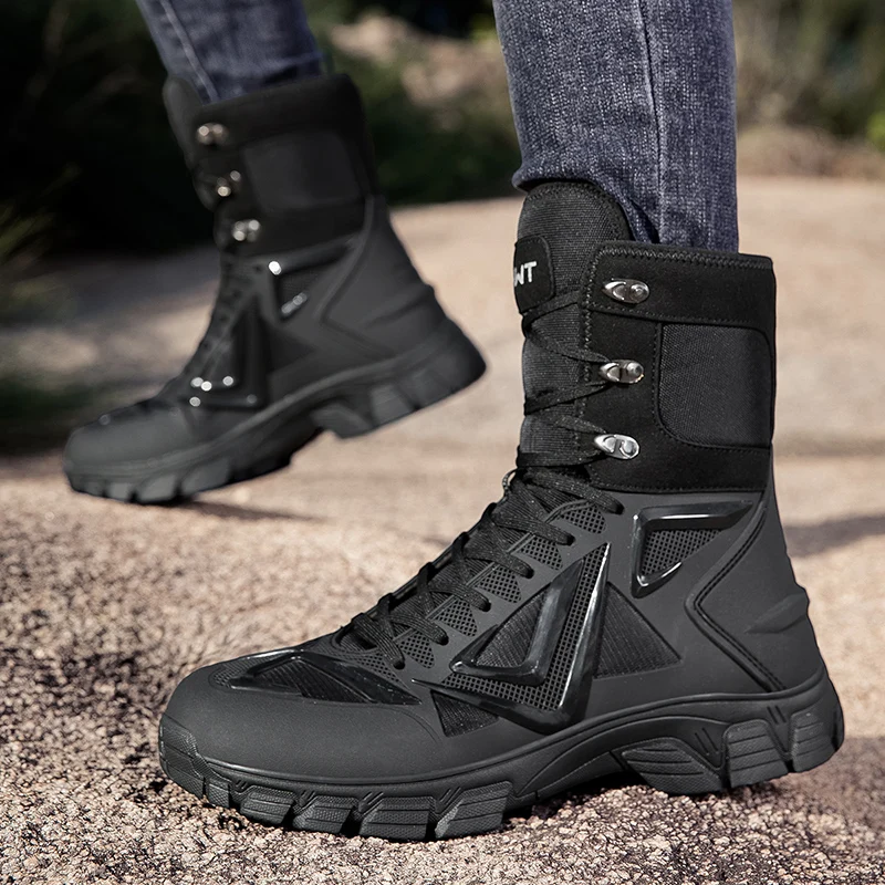 

Men's Brand High-Top Leather Boots High Quality Breathable Desert Combat Men's Boots Outdoor Shoes Non-slip Hiking Ankle Boots