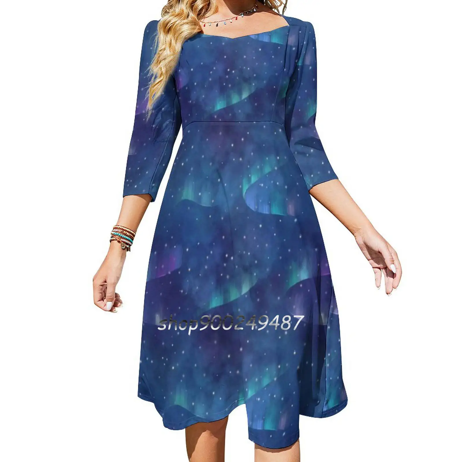 

Aurora Borealis Square Neck Dress New Plus Size Elegant Women Waist Tight Dress Northern Lights Aurora Borealis Iceland Sky