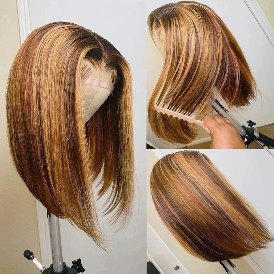 Perucas retas curtas do Bob do cabelo humano para mulheres, cor do destaque do piano, frontal transparente do laço, HD, #4, 13x4, #27