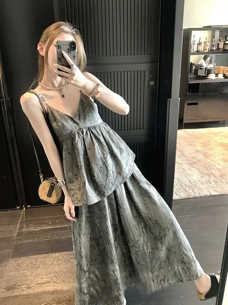 

New Elegant Chinese Style High-end Advanced Designed Temperature Niche Sling Top and Long Skirt 2 Piece Sets Womens Outfits