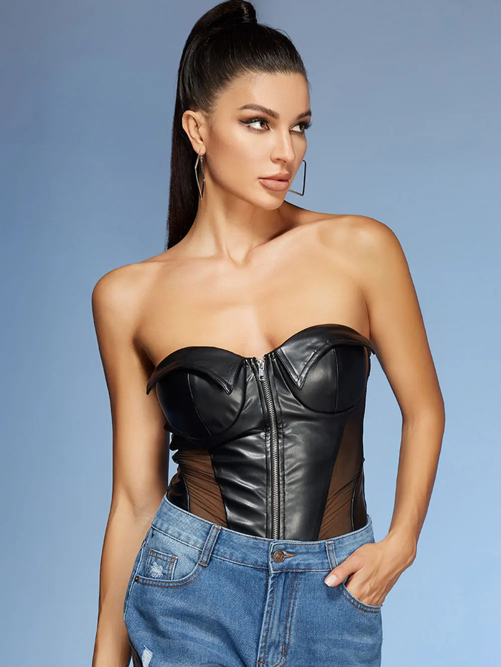 2024 Sexy Women Backless Sleeveless Sleeveless Synthetic Leather Pu Patchwork Jumpsuit Celebrity Cocktail Party Women'S Bodysuit