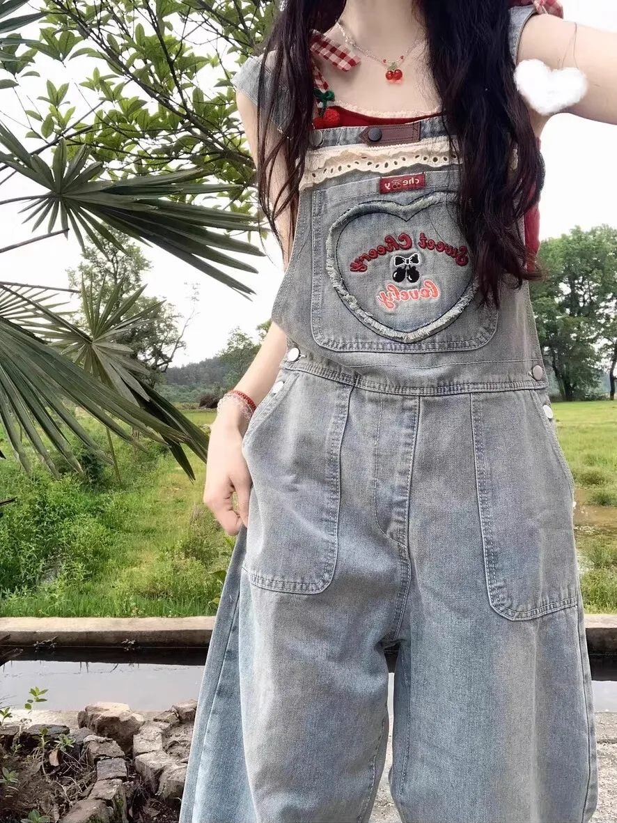 

Джинсовые комбинезоны с дизайном Cherry Heaven, женские весенне-летние новые свободные повседневные комбинезоны с прямыми штанинами