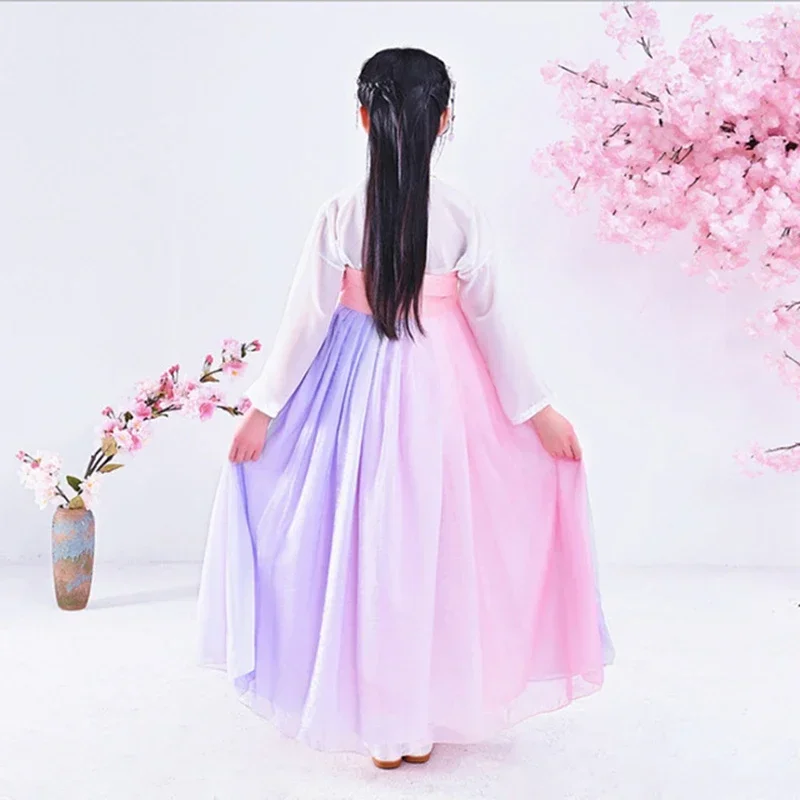 

Детская одежда в китайском стиле Hanfu для девочек, костюм с полной грудью под юбку, сказочное платье принцессы hanfu с цветами вишни, косплей