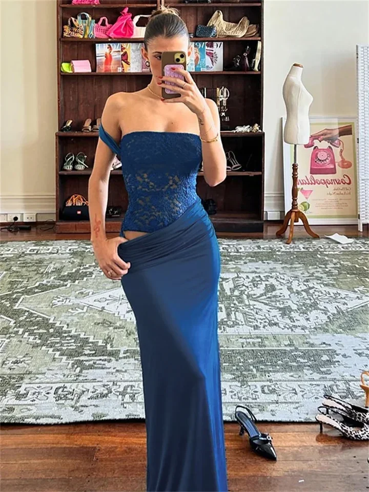 Mode Kant Halter Vrouwen Maxi Jurken Sexy Patchwork Ruches Mouwloos Schede Gewaad Mujer Elegante Avondfeest Vestidos