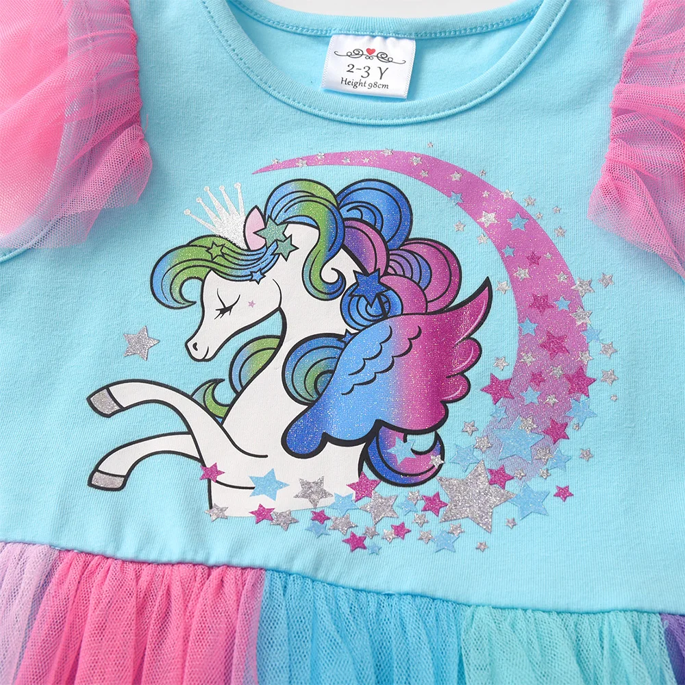 VIKITA Kleinkinder-Kleid mit Einhorn-Stern-Print, bunt, Regenbogen, Rüschenärmel, Geburtstagsfeier, Prinzessinnenparty, Freizeitkostüme – Detail 4