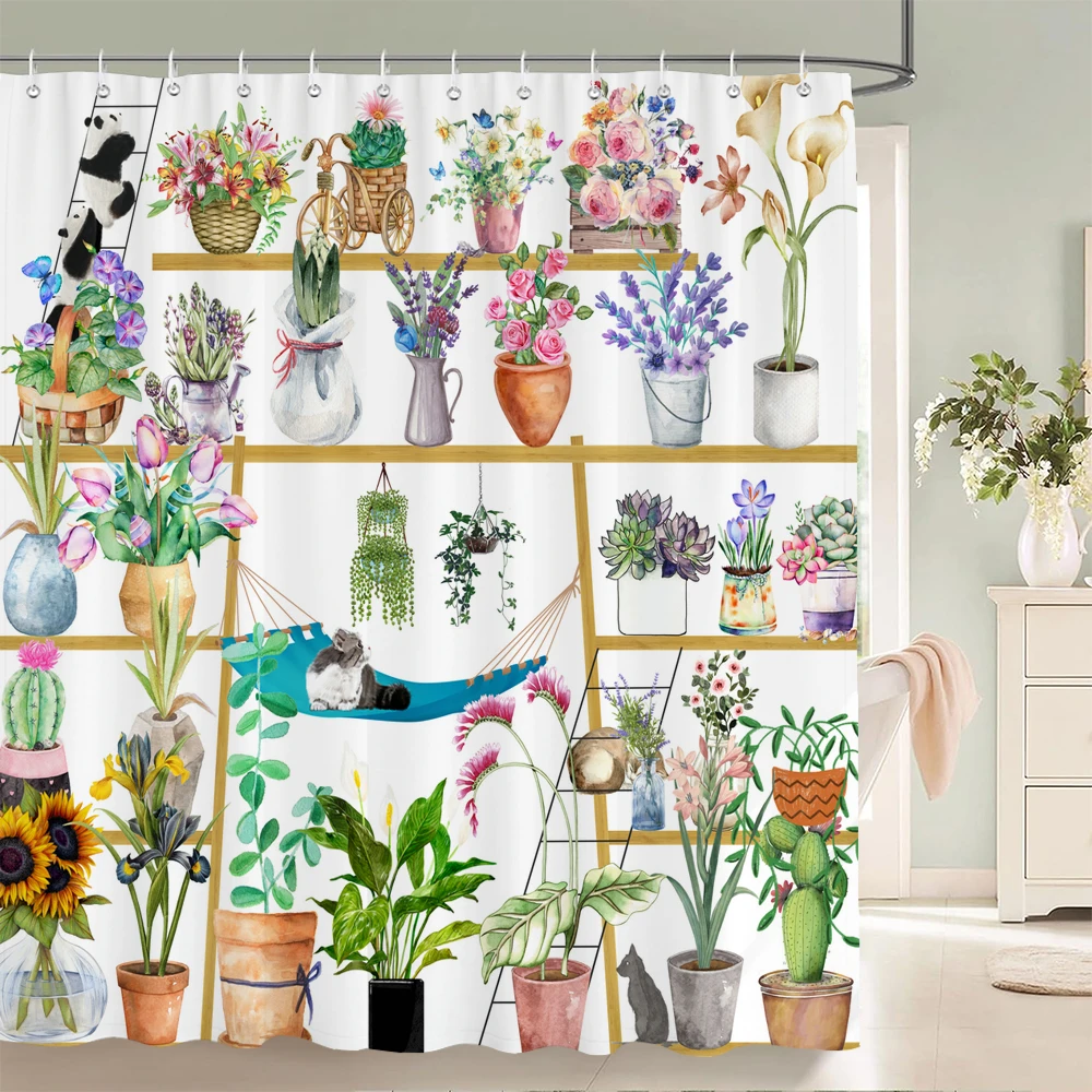 

Green Leaves Plant Flowers Shower Curtain 180cm*180cm with Hooks, Floral Waterproof Shower Curtain, Shower Curtains for Bathroom