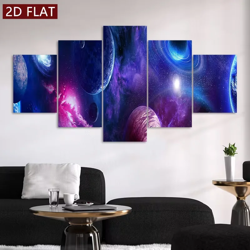 2D Flat, 5pcs Frameless Canvas Poster Art - Futuristic Space Station Orbiting Alien Planets, Vibrant Cosmic Wall Decor for Livin