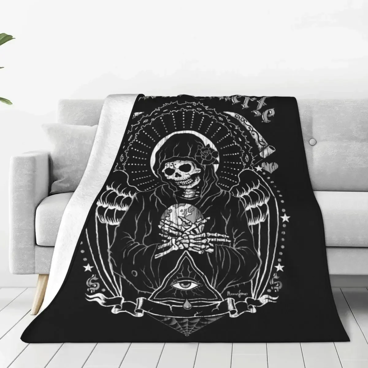 Holy Death Santa Muerte Skull Blanket Velvet Horror Halloween Ultra-Soft Throw Blankets for Airplane Travel Bedroom Quilt