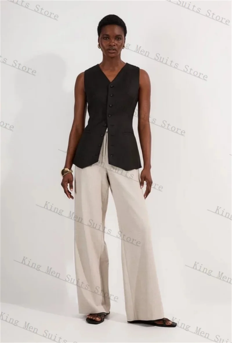 

Black Formal Women Suits Set 2 Piece Vest+White Pants Trousers Customized Office Lady Jacket Sleeveless Wedding Prom Coat