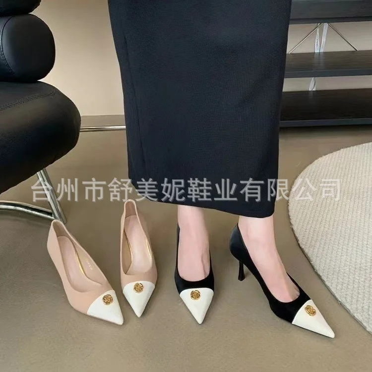 New Style Tweed High Heels Women's Korean Version Gold Buckle Flat Top Single Shoe Four Seasons Versatile High Heel Shoes