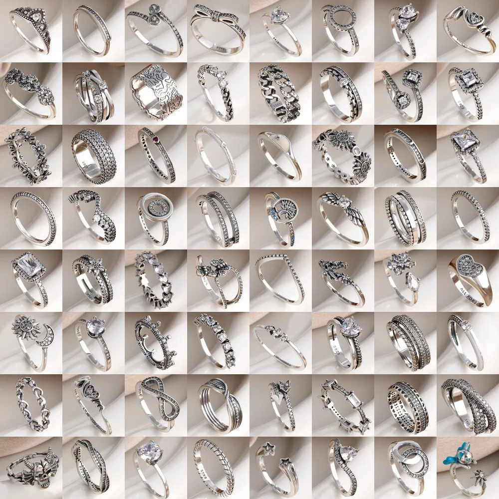 Anillo de Plata 925 en Forma de Corazón, Floral, Sol y Luna, Tallas 6, 7, 8, 9, Ideal para Regalos de Joyería de Lujo para Mujeres Europeas ﻿