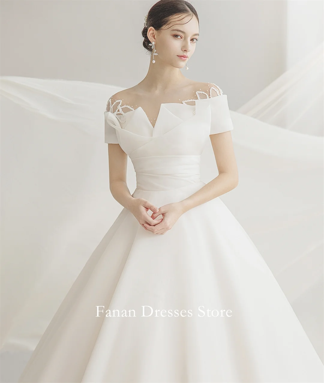 

FANAN Korea Off Shoulder Organza Elegant Wedding Dresses 웨딩드레스 Corset Simple Ivory Customized Pretty Bride Gowns Plus Size