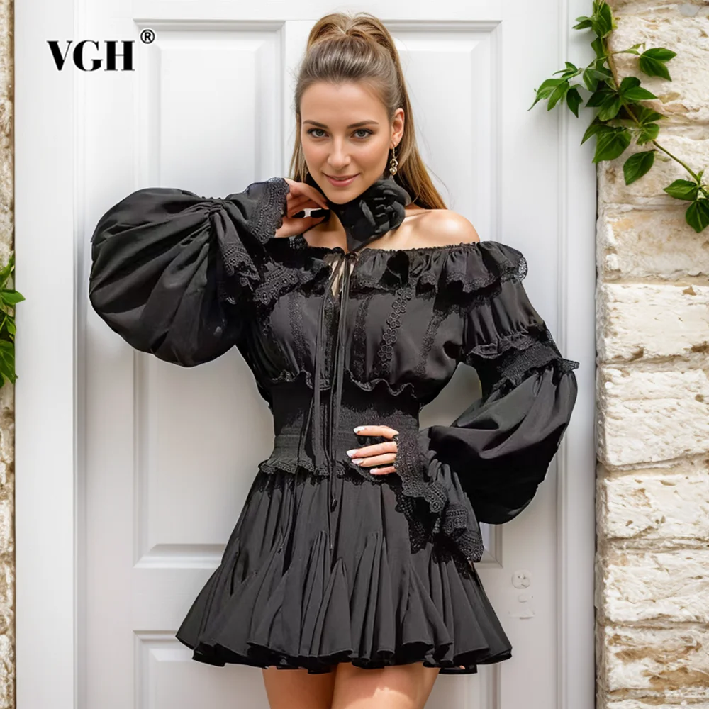 

VGH Solid Patchwork Lace Up Mini Dresses For Women Slash Neck Lantern Sleeve High Waist Temperament Backless Dress Female Style