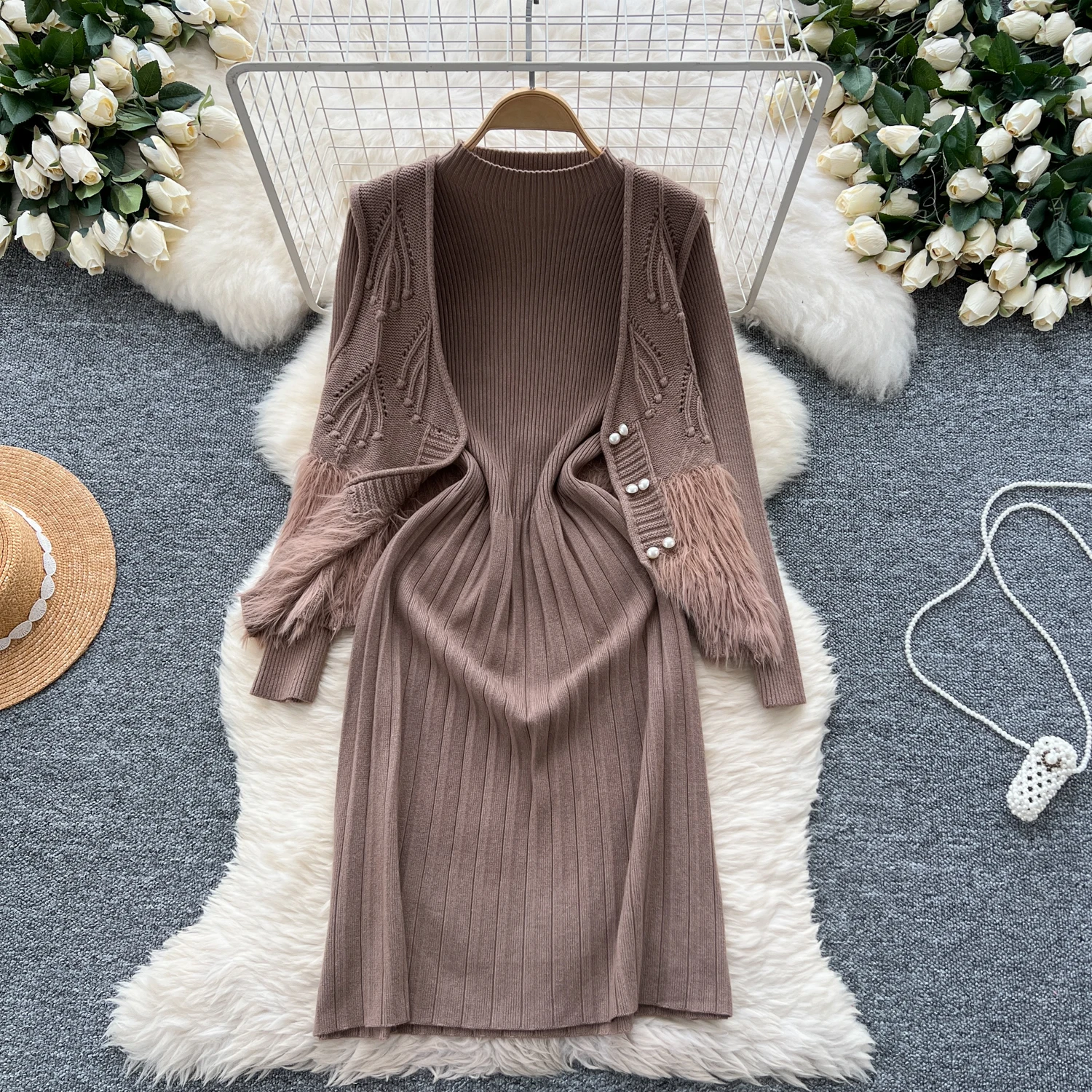 Chic Women Two-Piece Sets Basics O-neck Long Sleeve Knit Dress Slim Open Stitch Pearl Button Vest Elegant Evening Party Clothing