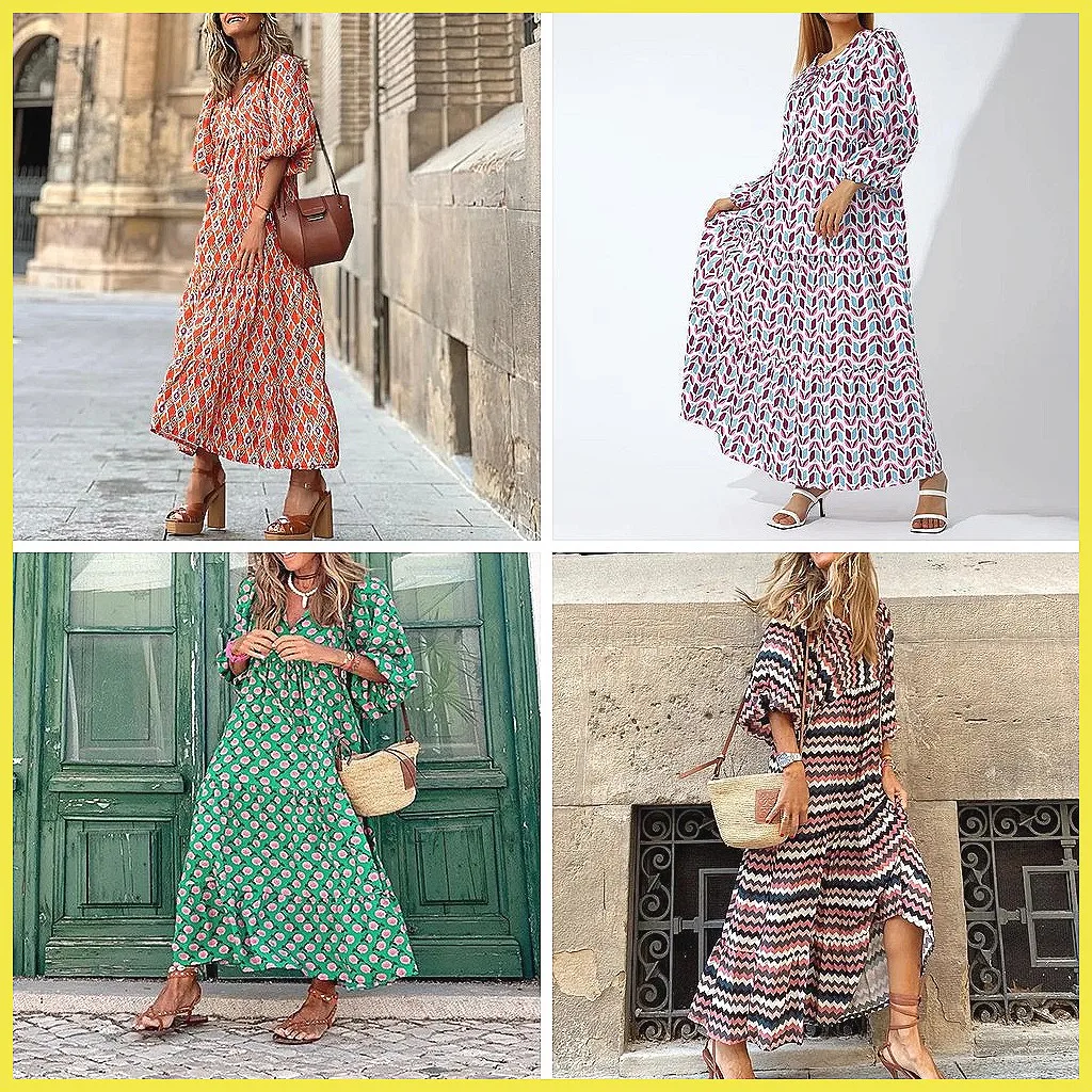 

Элегантное женское платье макси в богемном стиле с цветочным принтом и рукавами-фонариками