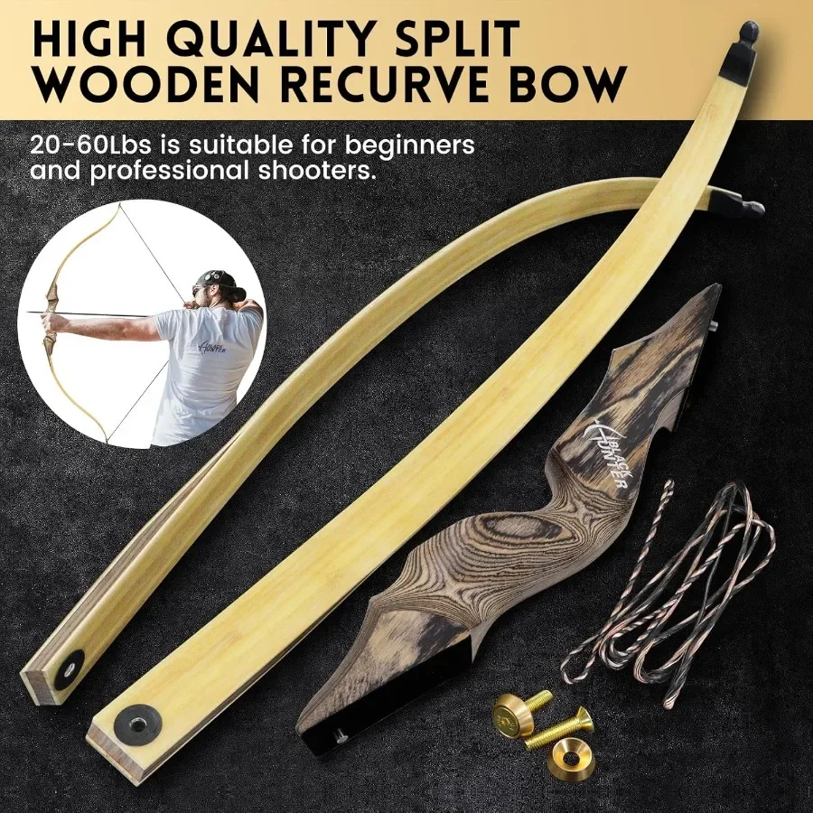 oubert Black Hunter Bow 60 Inch Archery Takedown Recurve Bow 20-60 Lbs Right Hand Hunting Bow with Stringer Tool Wooden Riser A