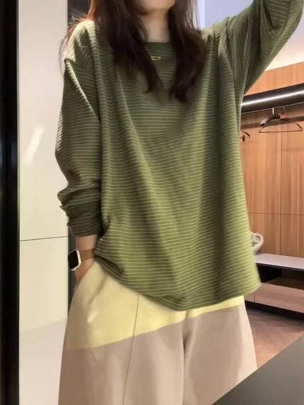 

Женская футболка свободного кроя в полоску с длинными рукавами и круглым вырезом в французском стиле, весенняя модная универсальная повседневная дышащая футболка для похудения