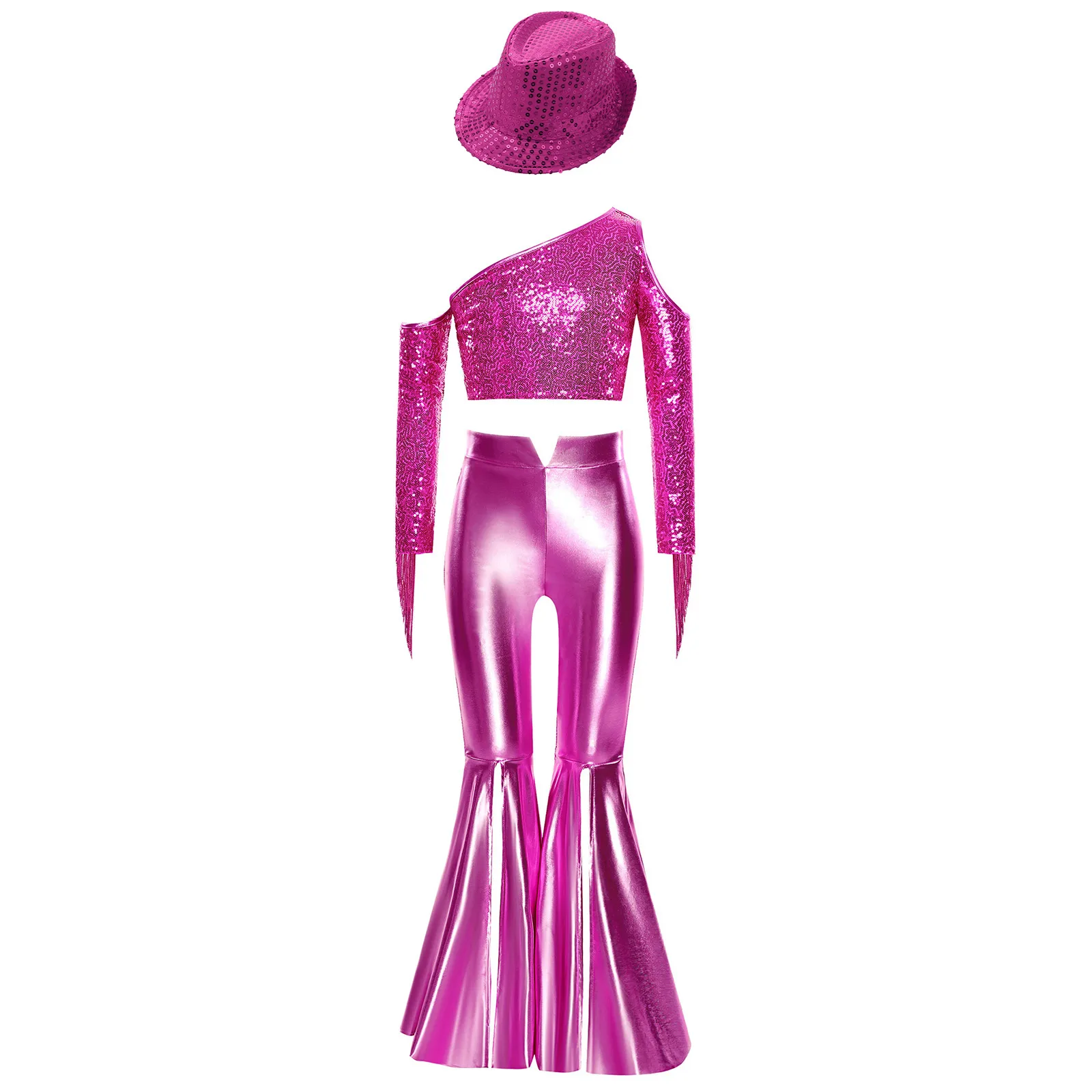 キッズガールズディスコジャズダンスコスチュームワンショルダースパンコールトップ+スプリットベルボトムパンツ+帽子ページェントセットベリーダンスパフォーマンス用