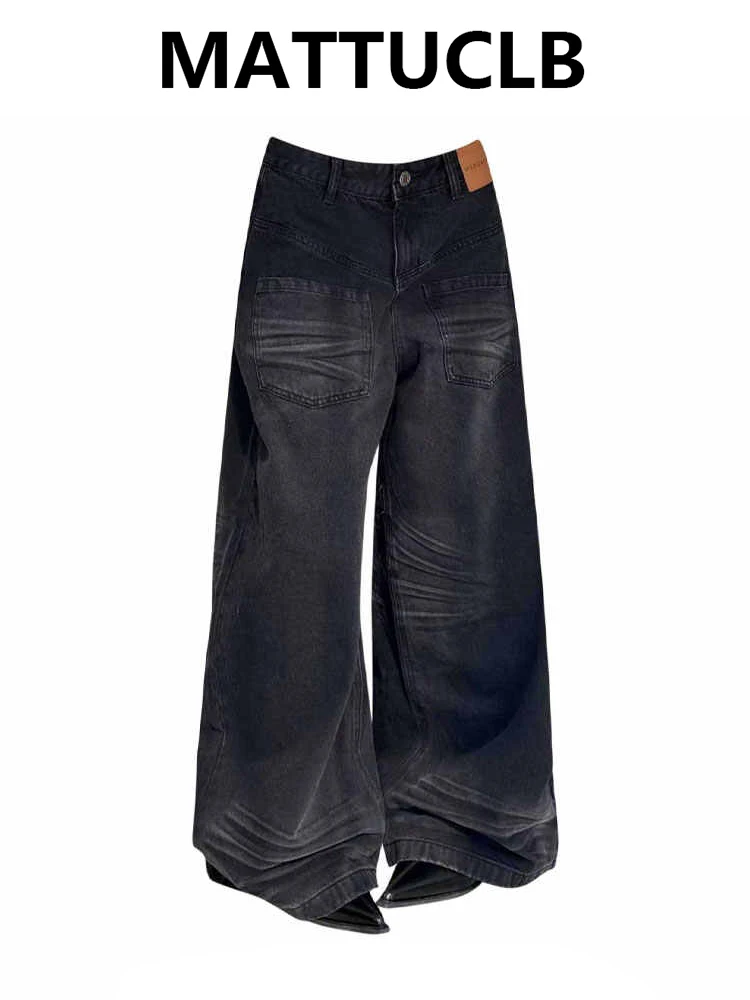 Damskie szerokie jeansy czarne Abi Y2k spodnie dżinsowe Dark Academia Harajuku kowbojskie szerokie nogawki styl lat 2000 High Street Tide Grunge Cyberpunk