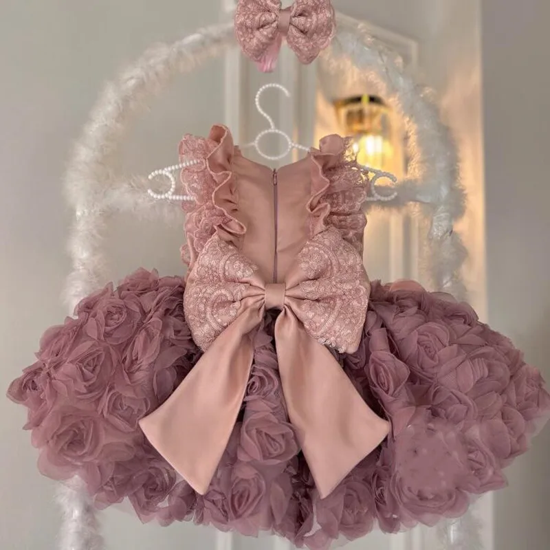 

Puffy Baby Girl Dress Dusty Pink Floral Kids Tutu Outfit Princess Costume Infant Girls First Birthday Dress with Headbow 12M 24M