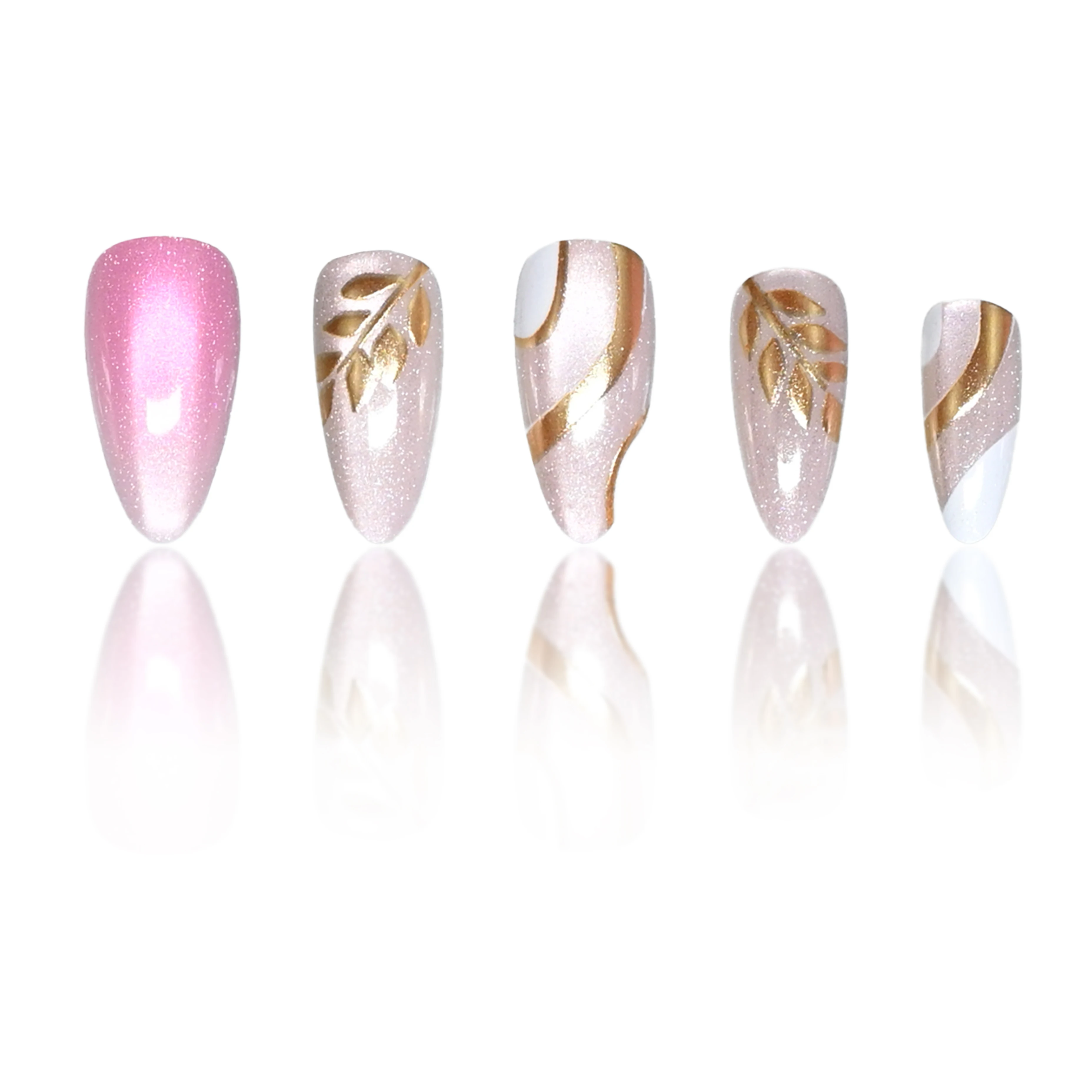24 handmade almond nails. Glitter pink base with golden leaf patterns and white stripe design. Reusable, sweet elegant style for - view 3