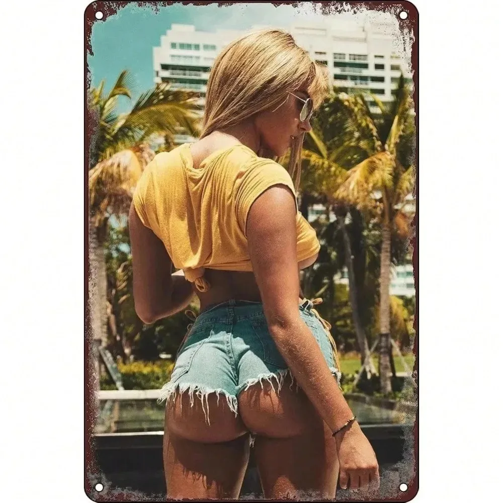 Pinup Girl Bikini Metal Tin Sign - ديكور فني جداري مثير للشاطئ للرجال على شكل كهف وغرفة النوم والمنزل