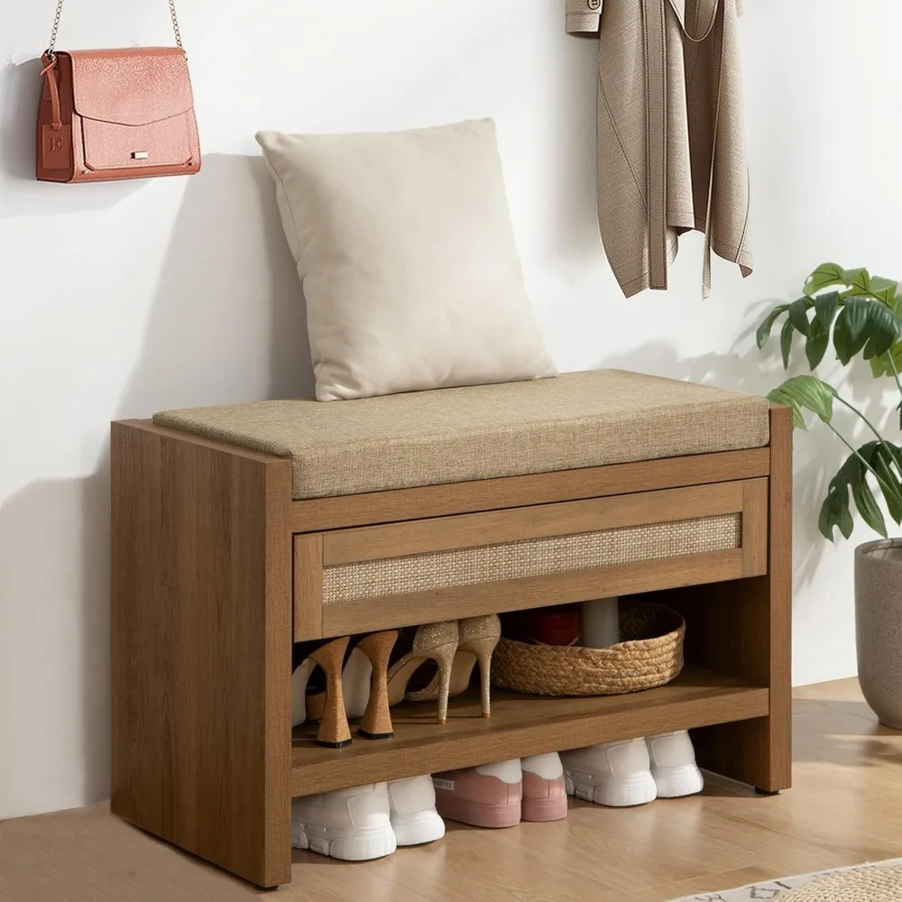 

Shoe Bench Entryway with Storage Drawer and Linen Seat Cushion,Farmhouse Boho Shoe Rack Bench with Shelf,Wooden Storage Bench