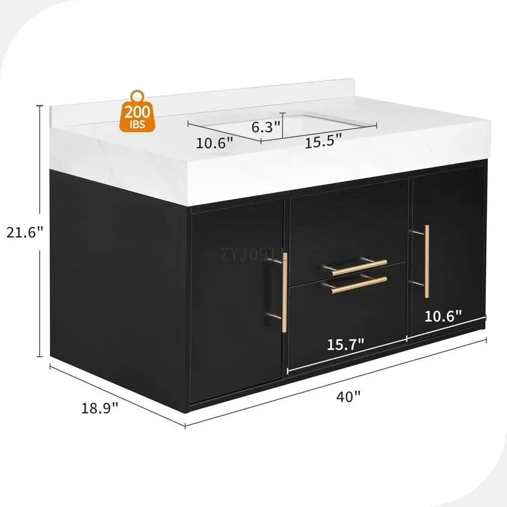 خزانة حمام، حمام عائمة باللون الأسود مقاس 40 بوصة، مع درجين وخزائن تخزين، وخزانة حمام #4