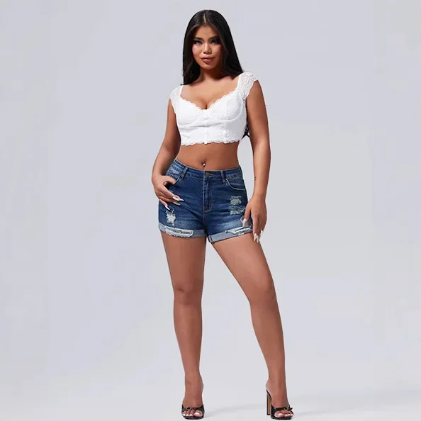 2026 Spring New Women Denim Shorts Elastic Ripped Cuffed High Waist Fashion  Hot Street Style