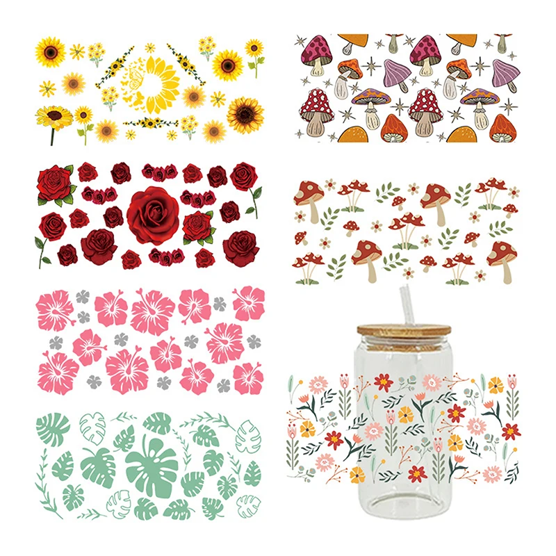 Adhesivo de transferencia 3D, envoltura de taza para lata de cerveza Libbey de 16oz, bonitas hojas de arce, diseño de envoltura de taza impermeable, pegatina UV DIY