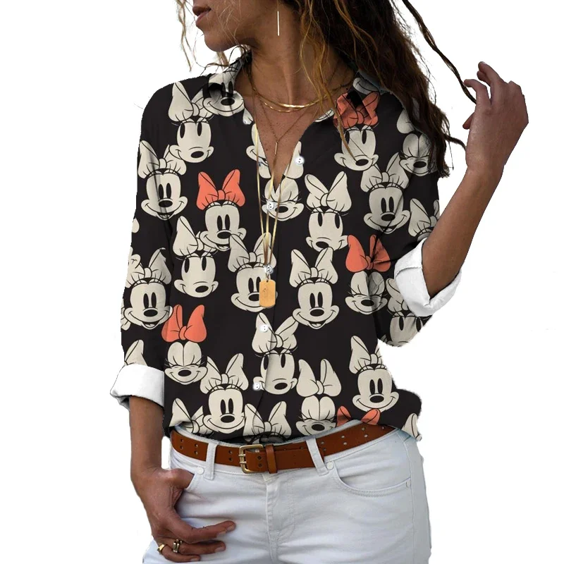 2024 New Disney Long-sleeved Shirt Temperament Top  Minnie Anime Loose Top Lapel Fashion New Women\'s Top Y2k