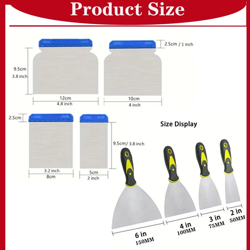

8 шт. шпатель со скребками для шпаклевки для очистки, ремонта, нанесения стен, штукатурки, цемента, клея, удаления обоев, наклеек