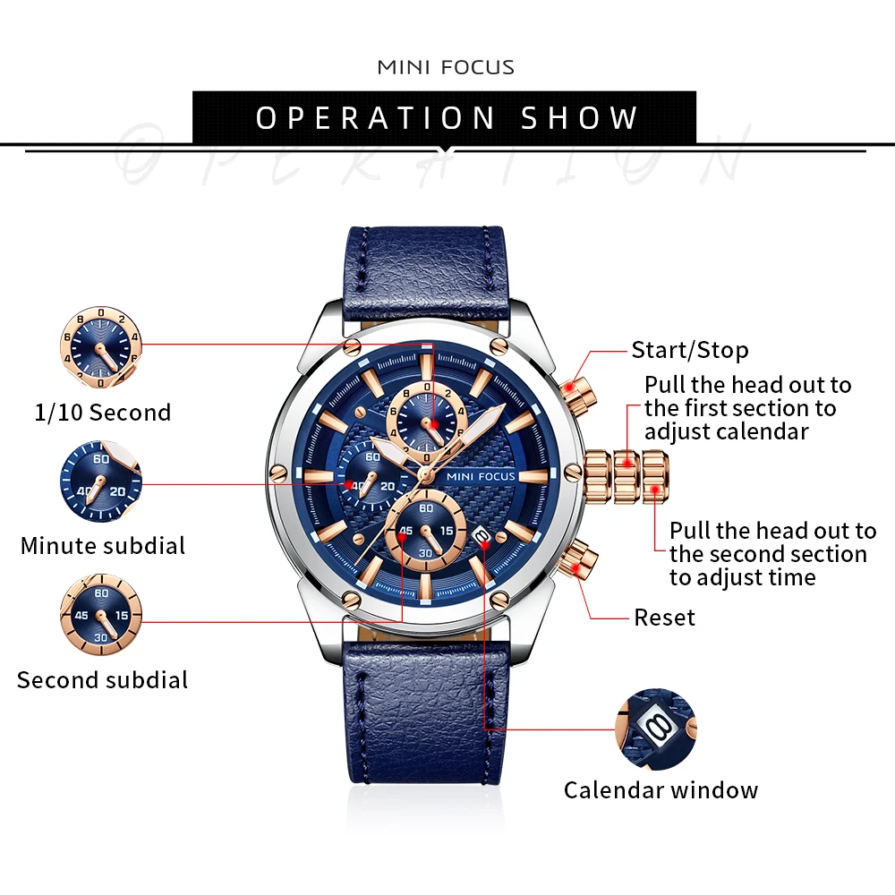 MINI FOCUS Business Quartz Watches for Man Waterproof Luminous Chronograph Wristwatch Leather Strap Clock reloj hombre 0161G