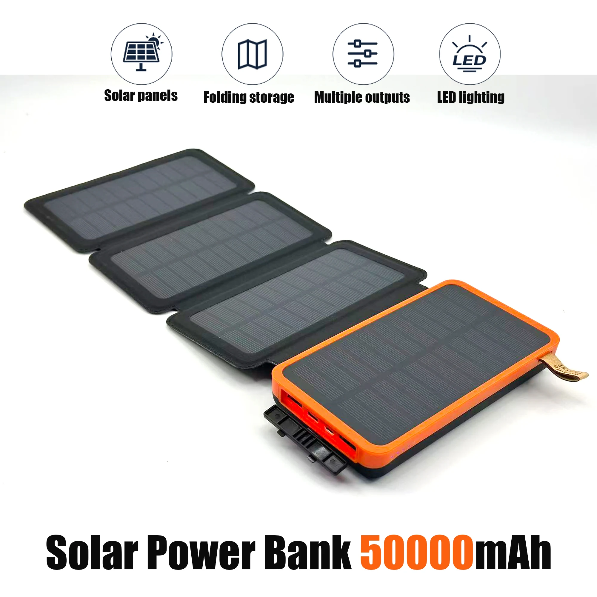 Banque d'alimentation solaire 50000mAH, panneaux solaires pliables, sortie USB 5V 2A, Portable, pour Camping en plein air, alimentation solaire pour IPhone Android