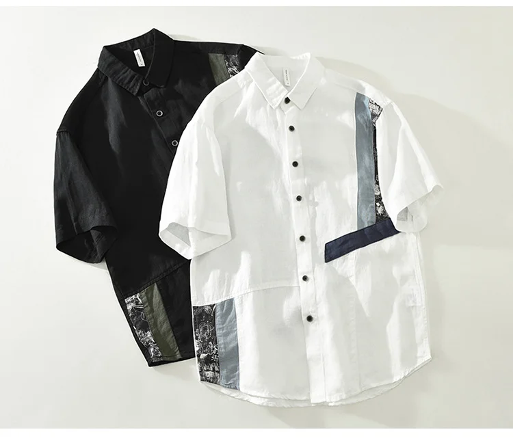 Chemise blanche en lin à manches courtes pour hommes, haut décontracté, mode japonaise, patchwork, américains, créateur, été, nouveau, 30%