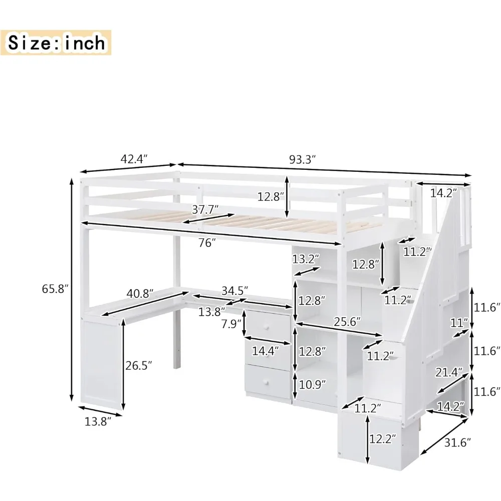 Double loft bed, wooden double loft bed frame, L-shaped desk, drawers, cupboards, storage staircase, bedroom furniture