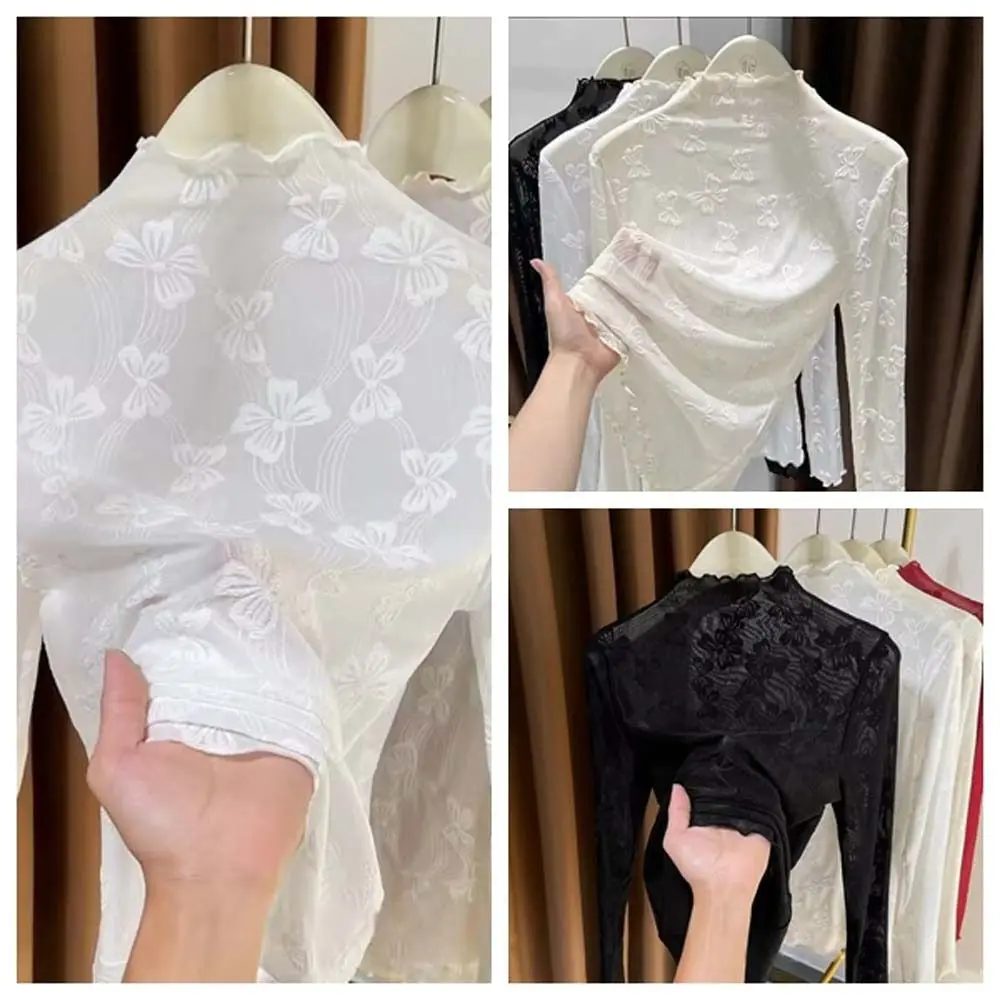 فستان من الدانتيل القاع بلوزة Bowknot البلوزات الدانتيل انظر من خلال قمم شير تيز رقيقة الأساسية قميص الإناث