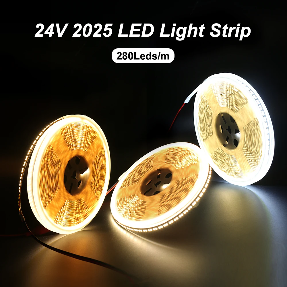 

5M 10M 24V LED Strip Light 2025 280leds/m Adhesive Flexible LED Tape 8mm Warm White/Natural White/White Home Kitchen Lighting