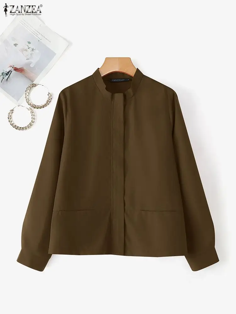 ZANZEA Podzimní stojáček Elegantní bundy Dámské zip Jednobarevné Módní kabáty Dlouhý rukáv Kapsy Vysoký pas Neformální OL Vrchní kabáty - náhled 4