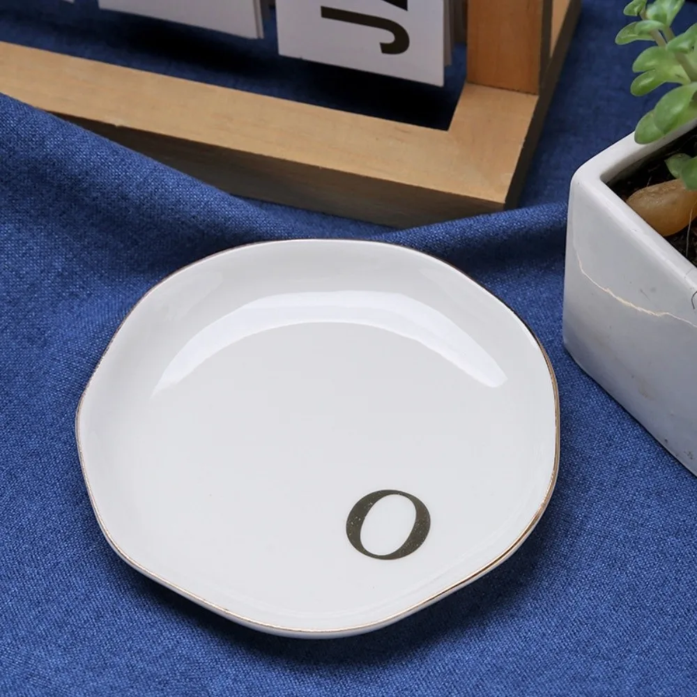 A-Z Ceramic Jewelry Dish White Scalloped Edge Decorative Ring Holder Plate Gold Rim Ceramic Ring Dish Monogram Letter Ring Dish