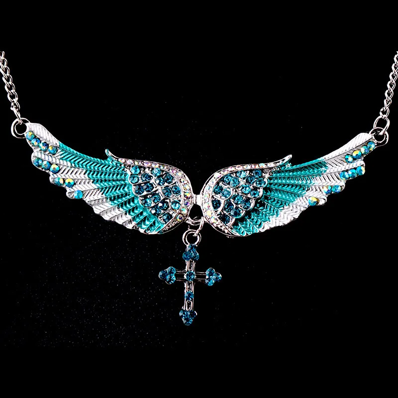 Fashion Blue White Pink Charm Crystal Angel Wings Cross Pendant Necklace Shellhard Vintage Jewelry For Women Bridal Wedding Gift