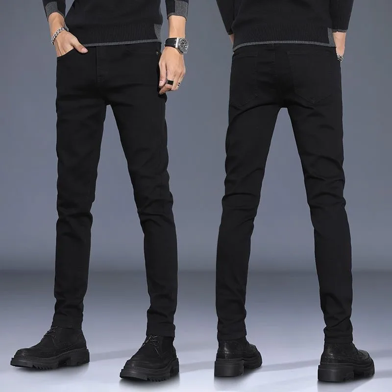

Slim Fit Men's Jeans Elastic Waistband Small Footwear Black Denim Pants Youth Trendy Wear Resistant All Seasons Chinese Produ...