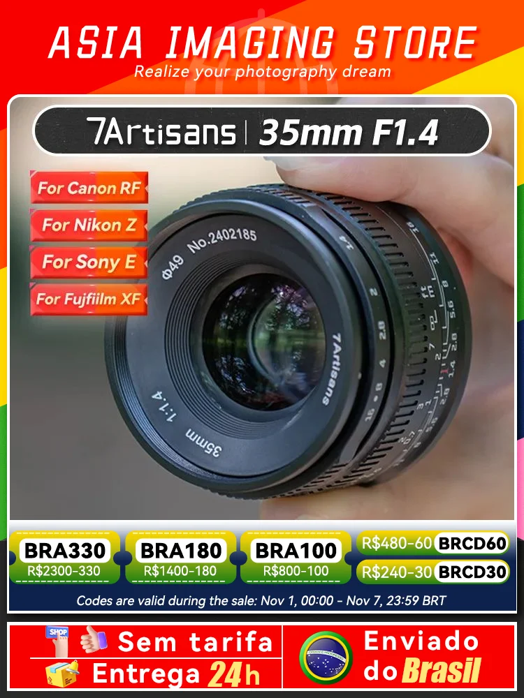 【 Do Brasil 】 7Artisans  35mm F1.4 APS-C Mirrorless Camera Portrait Lens for Sony E A6500 A6400 A6600 ZV-E10 7 Artisans 35 1.4