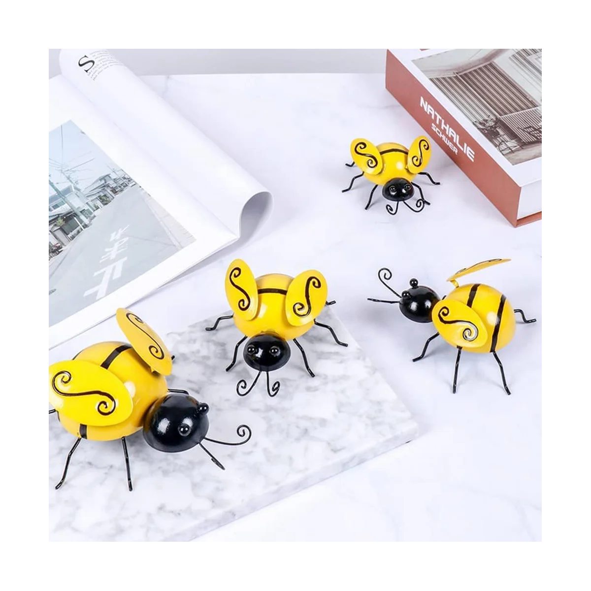 Metal Bee Wall Decor Outdoor Garden Fence Decor, 3D Bumble Bee Wall Art Decoration, Bee Wall Art Sculpture Hanging ,4PCS