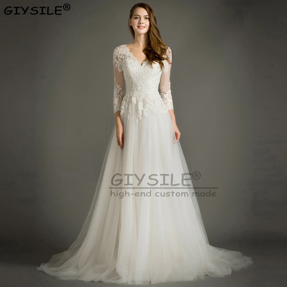 

GIYSILE Customized White Sexy Deep V-neck Wedding Dresses A-line Lace Long Sleeved Trailing Ball Gowns Bridal Photography Dress