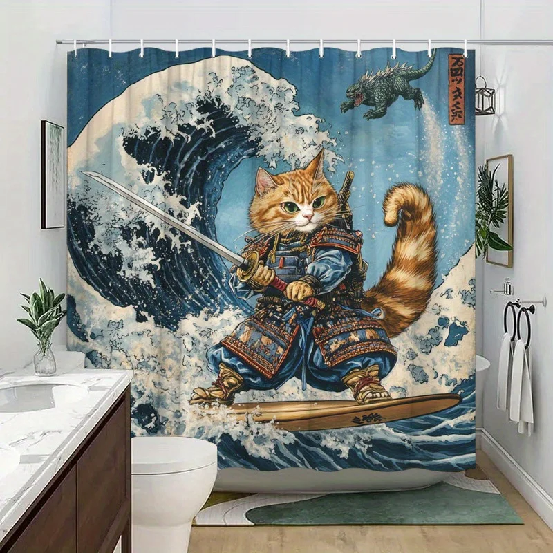 A Samurai Cat Shower Curtain: Transform Your Bathroom into a Scene Straight Out of a Japanese Woodblock Print with This Unique