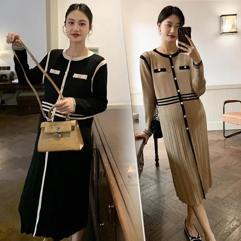 2024 Autumn Maternity Pleated Dress Elegant Block Color Patchwork Long Sleeve O-neck Pregnant Woman Knitting Dress Pleated Dress