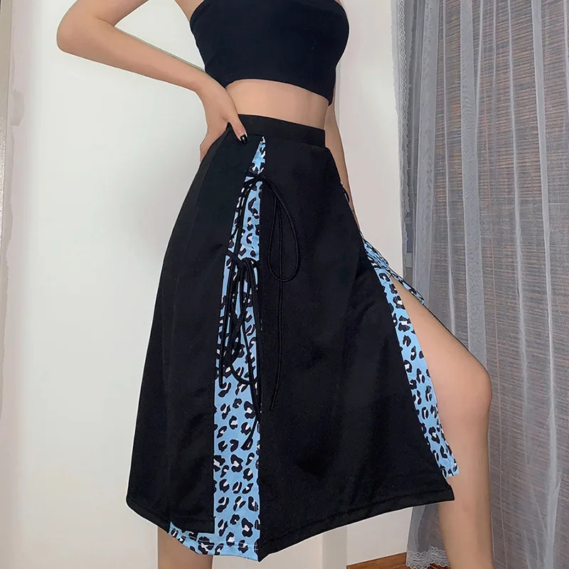 Sexy Print Patchwork Split gonne Bodycon donna dolce lunghezza al ginocchio coulisse A Line gonne coreano Fashion Party Club Streetwears